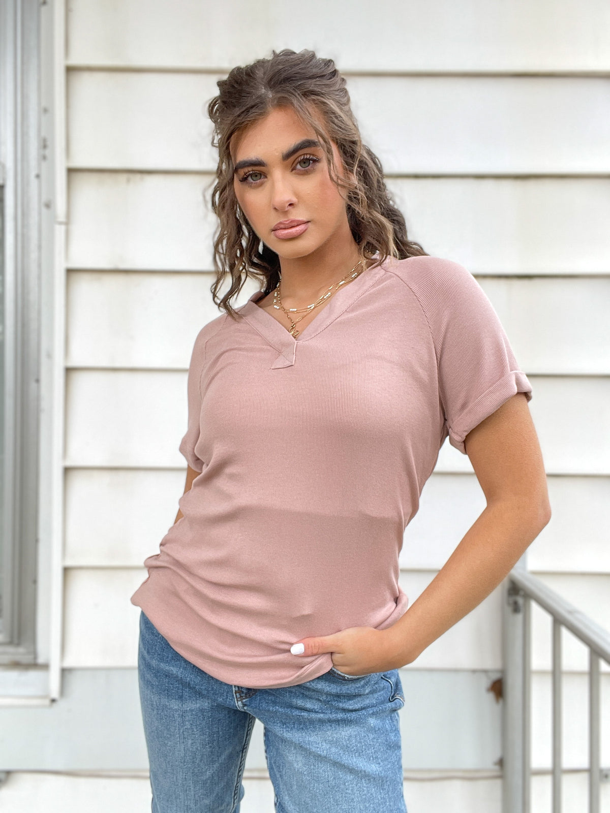 DUSTY PINK RIBBED V NECK KNIT TOP